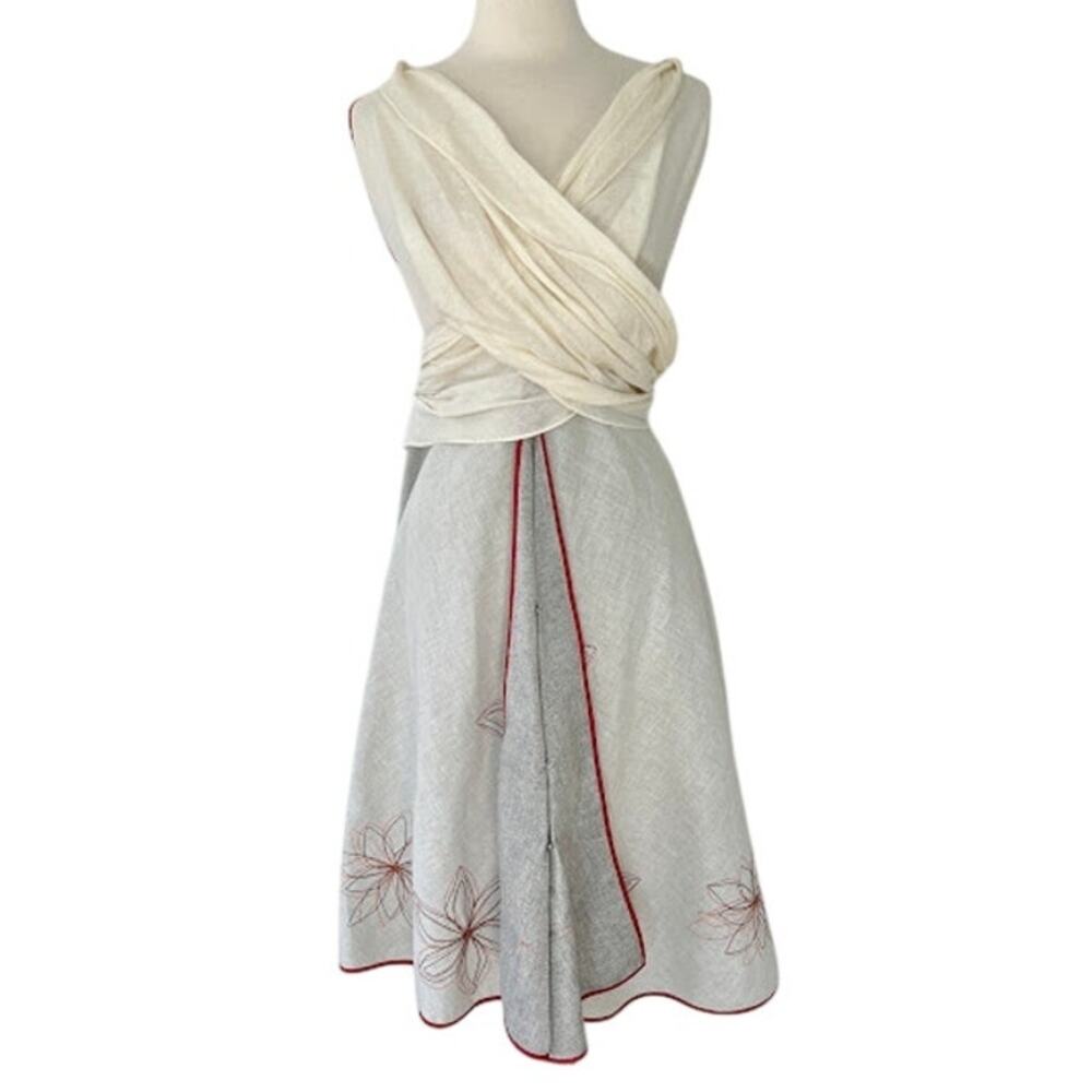 Olga Piedrahita Red Floral Embroidered Piping A-Line Dress 8 Sleeveless